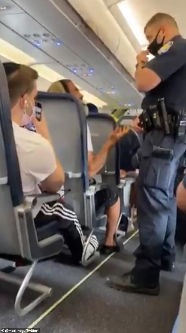 The man (left) argued with a Port Authority police officer (right) that he was traveling to see his sick father in Florida and should remain on the flight