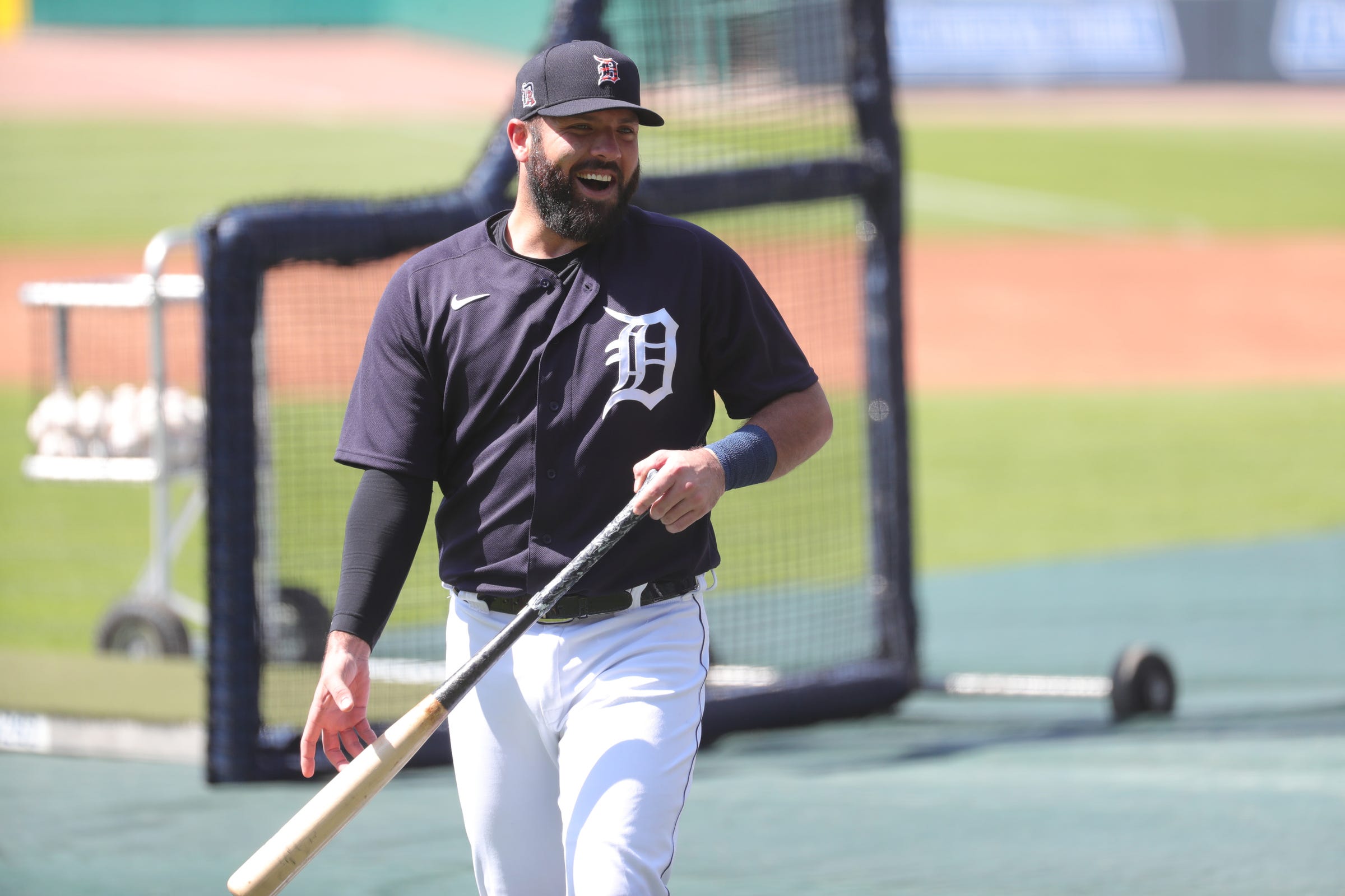 Detroit Tigers catcher Austin Romine walks off the field after batting practice at Comerica Park on July 5, 2020.