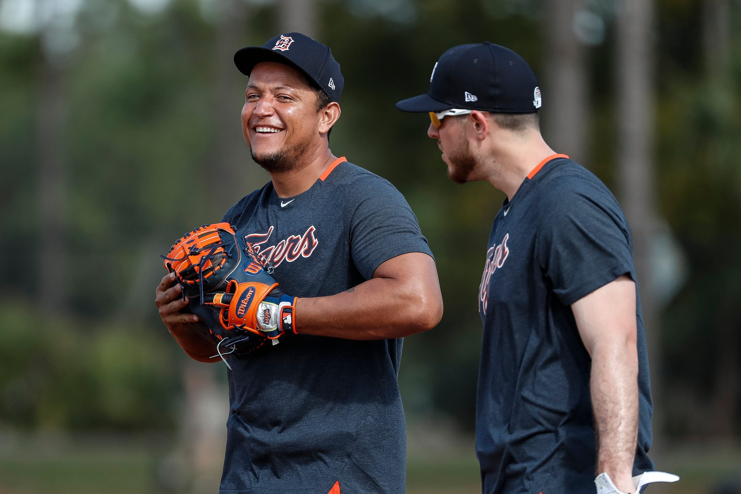 Miguel Cabrera, left, talks to first baseman C.J. Cron during Detroit Tigers spring training at TigerTown in Lakeland, Fla., Tuesday, Feb. 18, 2020.