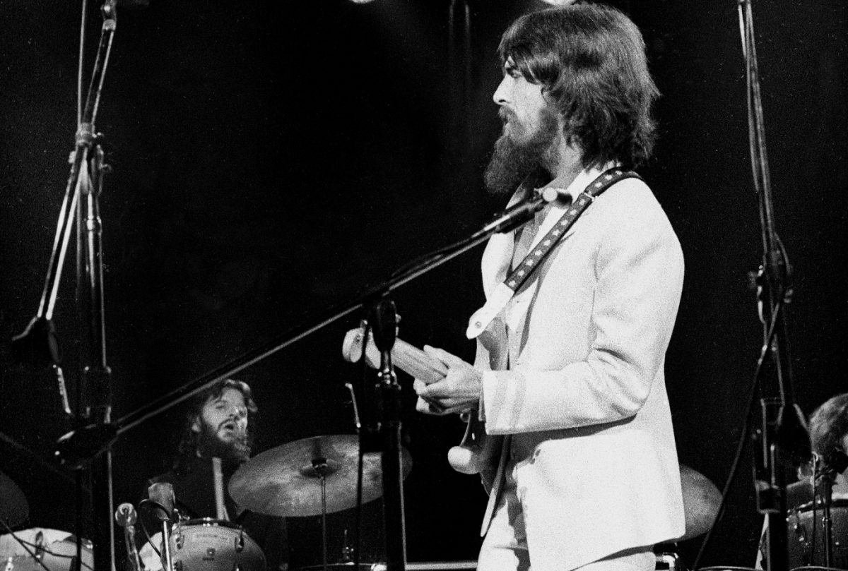 Ringo Starr and George Harrison perform at the Concert for Bangladesh in 1971.