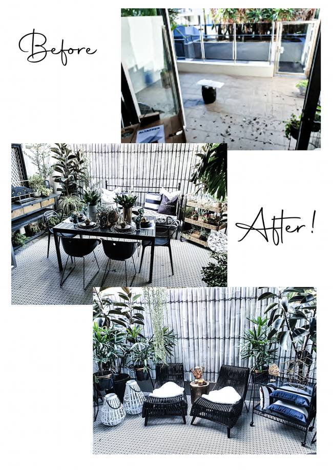 The before and after of the outdoor space renovation.
