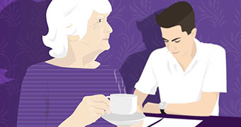 An artist's image of an older woman with a cup of tea in the foreground and a younger male in the background.