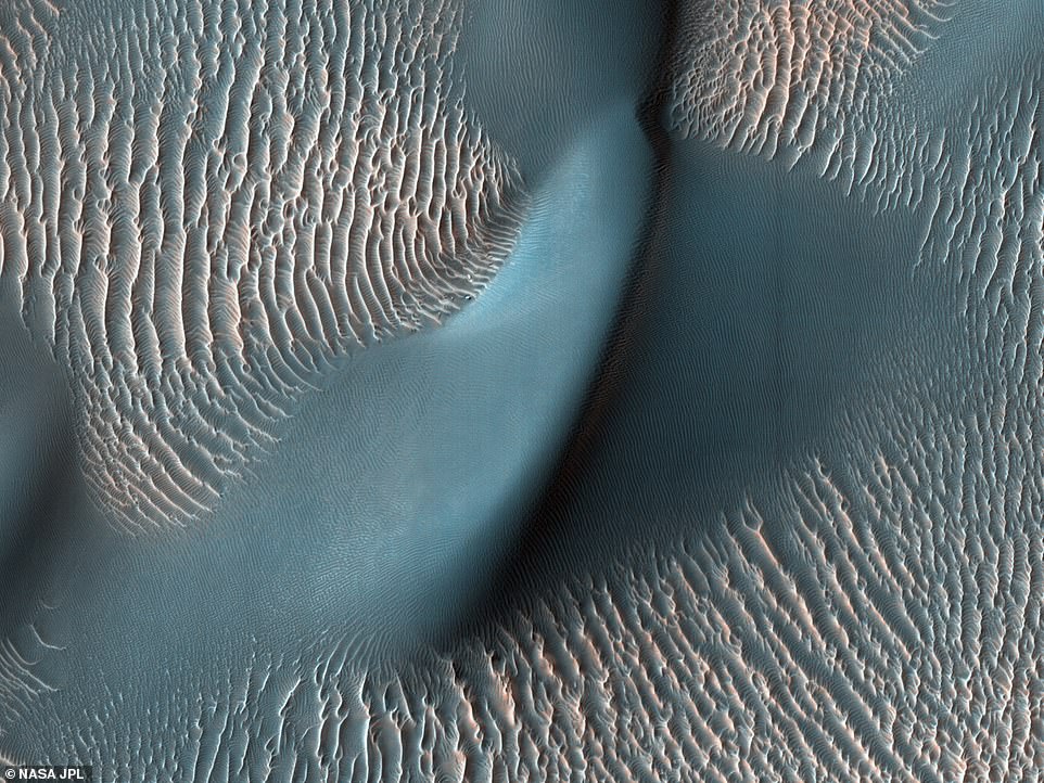 This 'false colour' image shows sand ripples from February 2009. The 'false colour' has been added to this image to accentuate certain details, like the tops of dunes and ripples. Many of these landforms are migrating, as they do on Earth