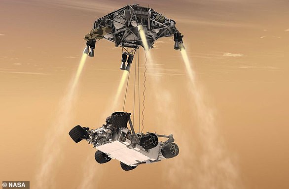 This concept art shows the Mars 2020 rover landing on the red planet via NASA's 'sky-crane' system