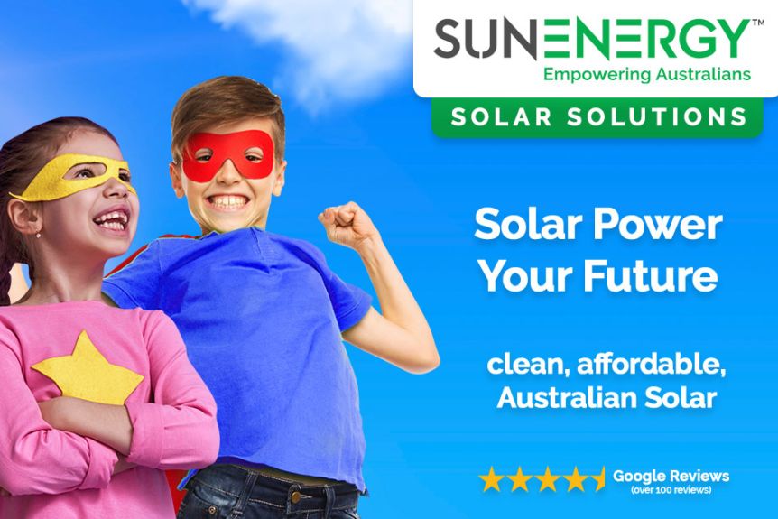 SunEnergy solar ad featuring two children wearing superhero capes and masks