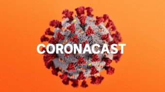 An illustration of a cell on an orange background with the word 'coronacast' overlayed.