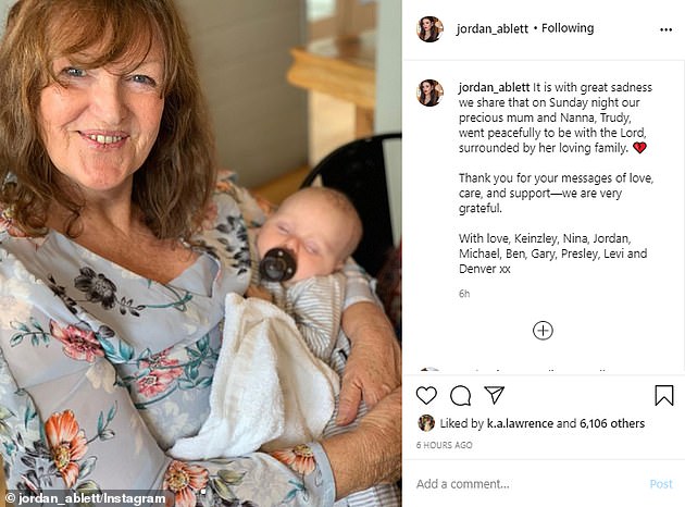 AFL star Gary Ablett's wife Jordan Ablett announced her mum Trudy (pictured, with their son Levi) died surrounded by loved ones after a battle with cancer