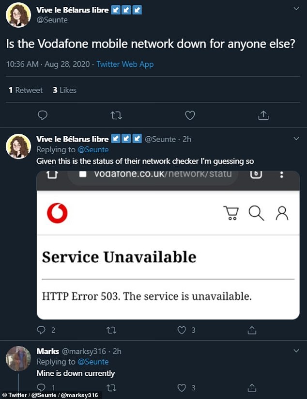 'Is the Vodafone mobile network down for anyone else?' wrote user @Seunte. She also drew attention to the status of the firm's network checker, which was displaying the error 'HTTP Error 503. The service is unavailable'
