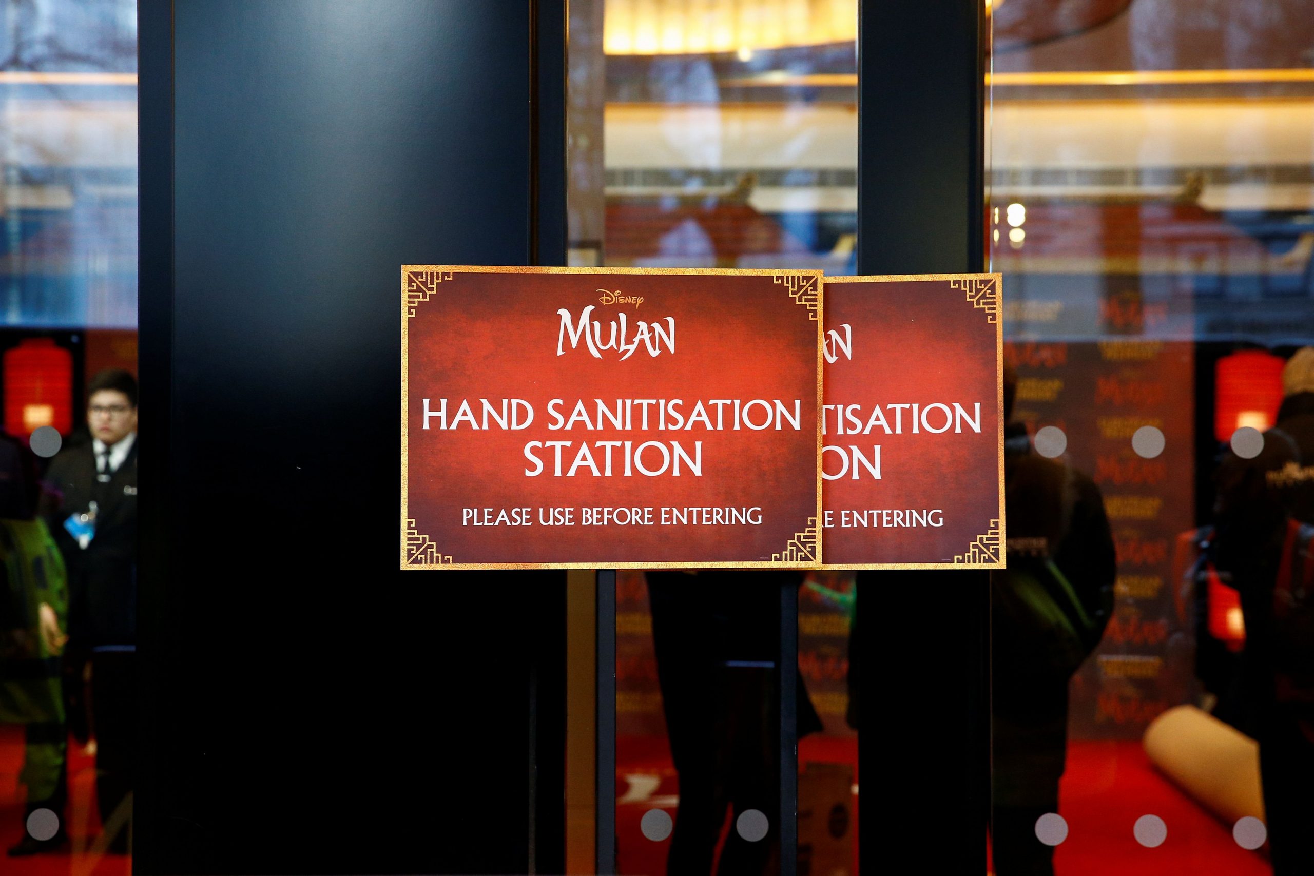 A hand sanitisation station is seen at the European premiere for the film "Mulan", in London, Britain March 12, 2020. REUTERS/Henry Nicholls