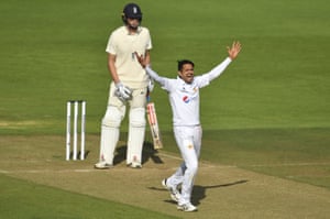 Mohammad Abbas appeals successfully for the wicket of Zak Crawley.