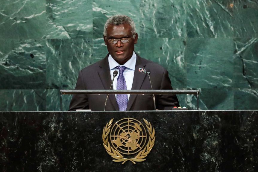 Solomon Islands Prime Minister Manasseh Sugafari addresses the United Nations General Assembly in New York.