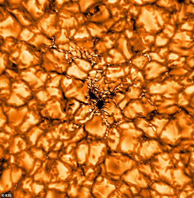 The images show solar magnetic fields captured at a wavelength of 516 nm (pictured) and sunspots at 430 nm, which astronomers say is `` as if someone saw a needle on a perfectly sharp soccer field from a distance of one kilometer. ''