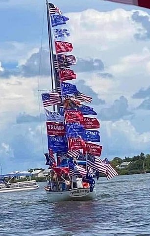Event organizers invited boats of all shapes and sizes to participate in the fleet on Saturday and encouraged people to decorate their boats with patriotic colors and Trump flags.