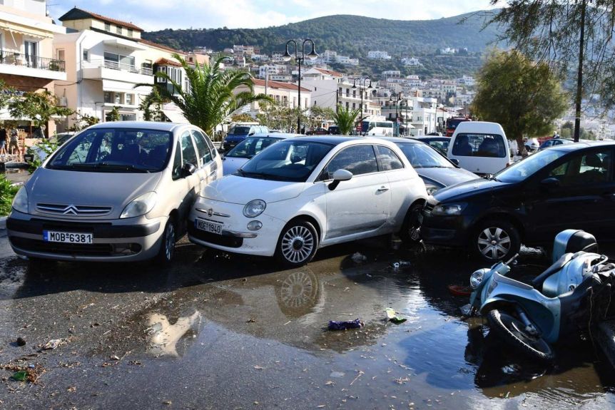 Cars crowd after an earthquake in the port of Fati on the island of Samos in the eastern Aegean Sea.