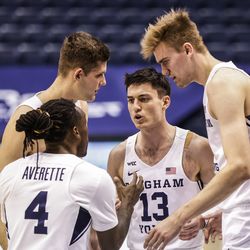 BYU players speak during their match against Boise State Broncos on December 9, 2020 at the Marriott Center in Provo, Utah.