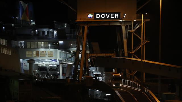 The trucks leave the first ferry to reach Dover after Brexit.