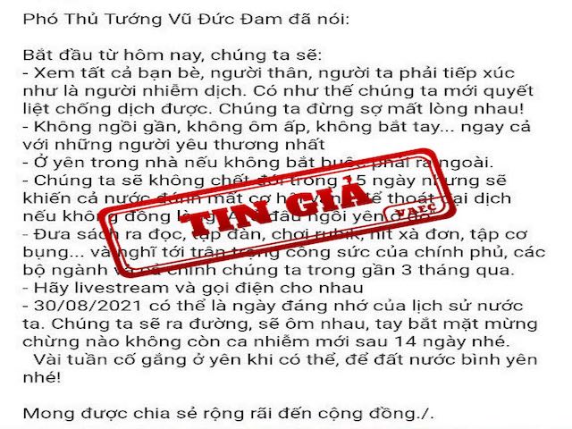 False statement by Deputy Prime Minister Vu Duc Dam about the COVID-19 epidemic