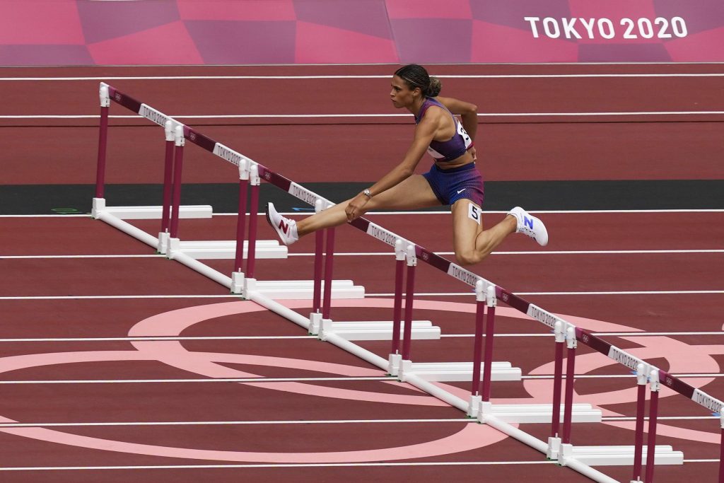 American women compete in the 400-meter hurdles