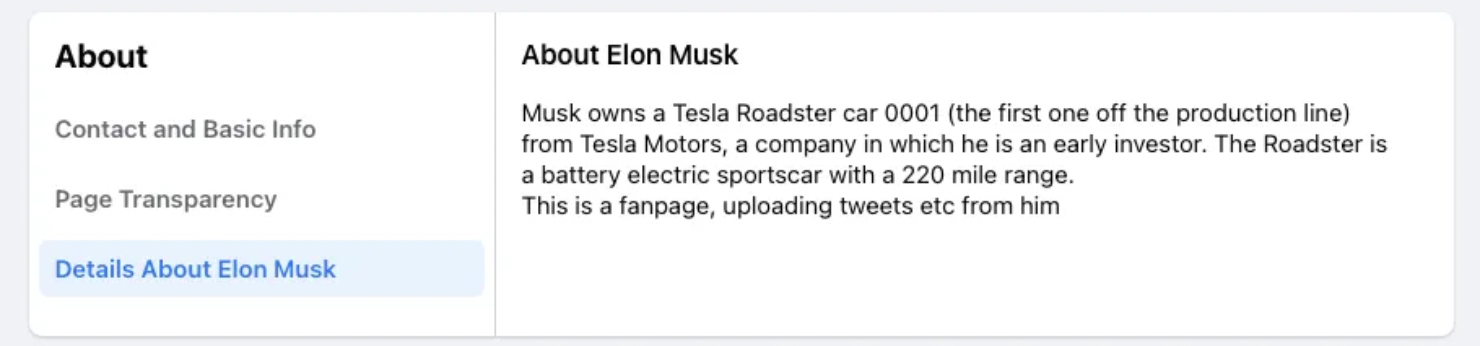 Description of Elon Musk fan page on Facebook.  (screenshot: The Verge)