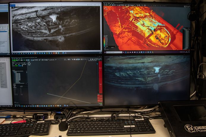 Images of the Ernest Shackleton Endurance wreck, created by a small remote-controlled submarine, can be seen on screens in the control room of the SA Agulhas II expedition cruise ship.