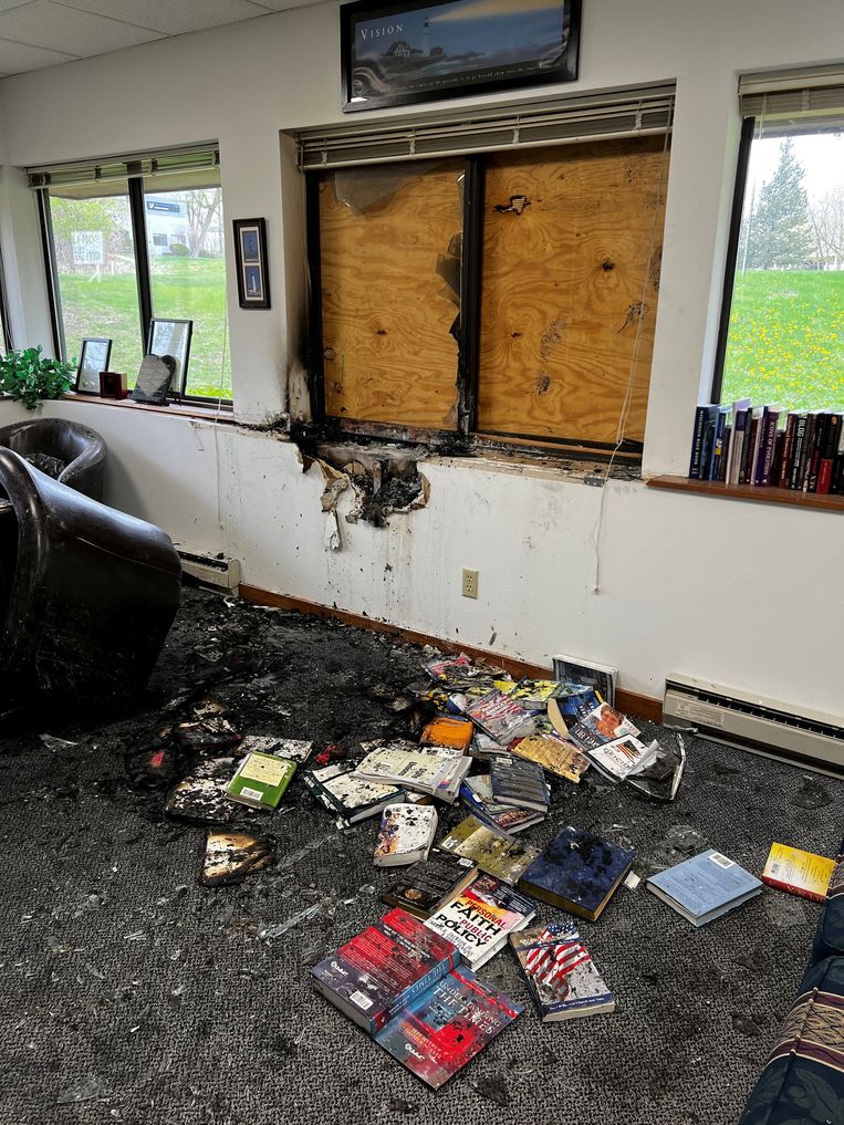 Burnt and damaged books in the organization's office.  Image via Reuters