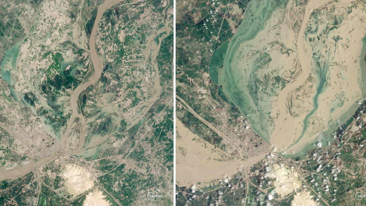 These satellite images show the Indus River again.  On the left is the situation around Score on August 2.  On the right is the situation on August 28.