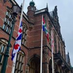 The Frisian flag at half mast in Groningen after the departure of the Frisian Emeritus Professor