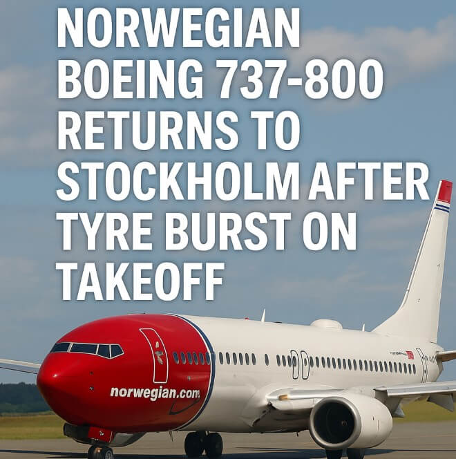 Norwegian Boeing 737-800 Returns to Stockholm After Tyre Burst on Takeoff Norwegian Boeing 737-800 Returns to Stockholm After Tyre Burst on Takeoff