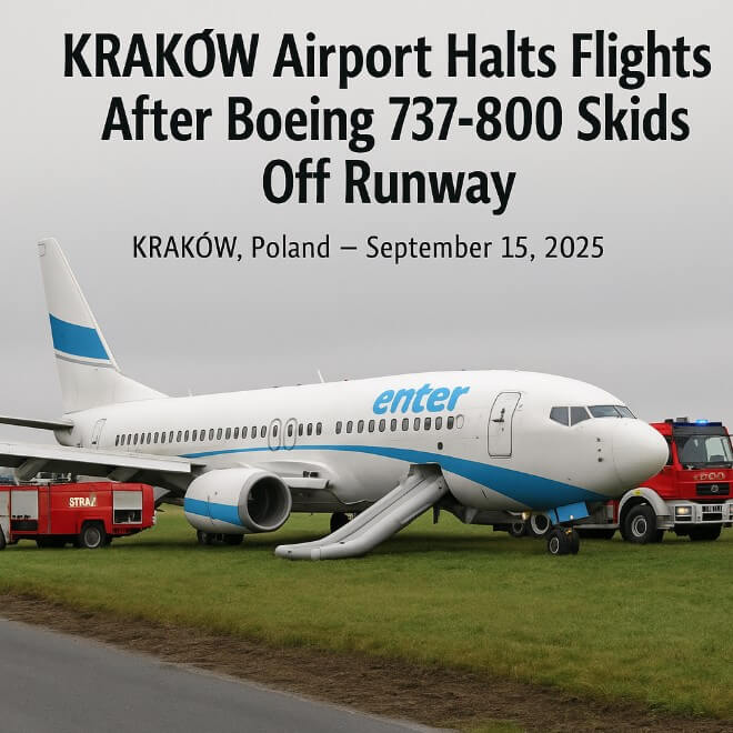Kraków Airport Halts Flights After Boeing 737-800 Skids Off Runway Kraków Airport Halts Flights After Boeing 737-800 Skids Off Runway