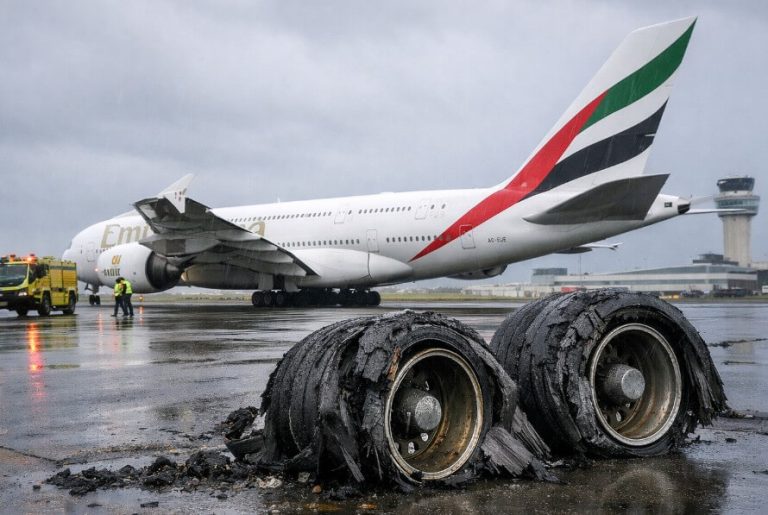 Emirates A380 Suffers Tyre and Wheel Damage After Rainy Landing in Auckland Emirates A380 Suffers Tyre and Wheel Damage After Rainy Landing in Auckland